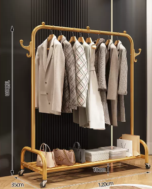 Popular indoor storage rack with wheels, coat rack and coat rack (gold single layer) (size: 120*35*160CM)