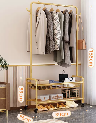 Popular indoor storage rack with wheels, coat rack and coat rack (light luxury gold double layer) (size: 80*155*36*53CM)