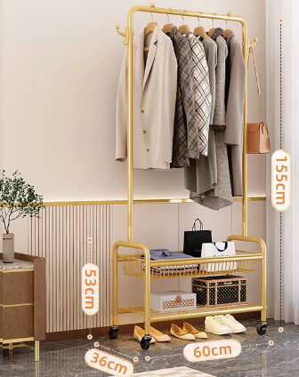 Popular indoor storage rack with wheels, coat rack and coat rack (light luxury gold double layer) (size: 60*155*36*53CM)