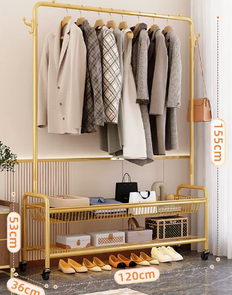 Popular indoor storage rack with wheels, coat rack and coat rack (light luxury gold double layer) (size: 120*155*36*53CM)