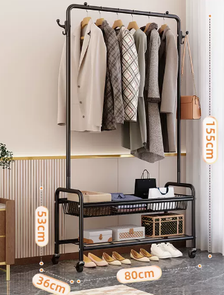 Popular indoor storage rack with wheels, coat rack and coat rack (black double layer) (size: 80*155*36*53CM)