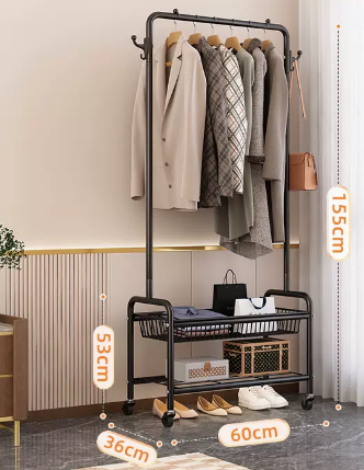 Popular indoor wheeled storage rack, coat rack and coat rack (black double layer) (size: 60*155*36*53CM)