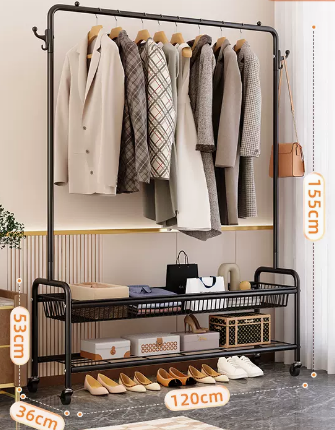 Popular indoor wheeled storage rack, coat rack and coat rack (black double layer) (size: 120*155*36*53CM)
