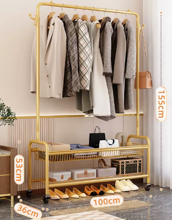Popular indoor storage rack with wheels, coat rack and coat rack (light luxury gold double layer) (size: 100*155*36*53CM)
