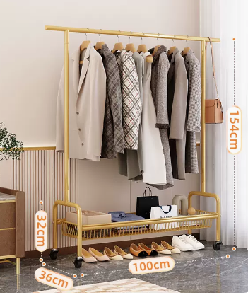 Popular indoor storage rack with wheels, coat rack and coat rack (light luxury gold single layer) (size: 100*154*36*32CM)