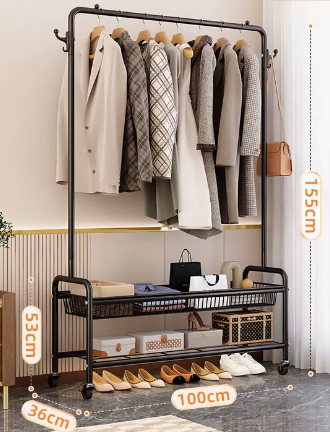 Popular indoor wheeled storage rack, coat rack and coat rack (black double layer) (size: 100*155*36*53CM)