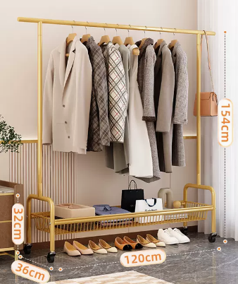 Popular indoor storage rack with wheels, coat rack and coat rack (light luxury gold single layer) (size: 120*154*36*32CM)