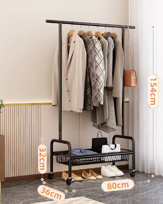 Popular indoor wheeled storage rack, coat rack (black single layer) (size: 80*154*36*32CM)