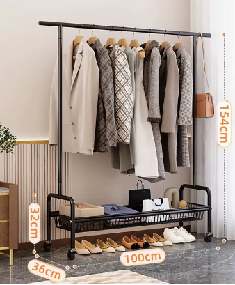 Popular indoor wheeled storage rack, coat rack (black single layer) (size: 100*154*36*32CM)