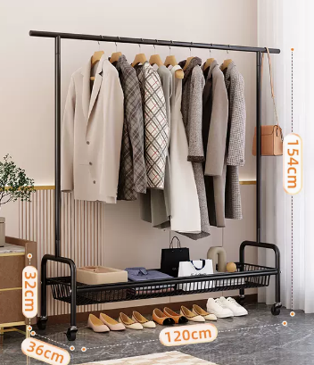 Popular indoor wheeled storage rack, coat rack and coat rack (black single layer) (size: 120*154*36*32CM)