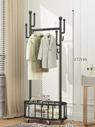 New indoor wheeled storage rack, coat rack and coat rack (black) (size: 60*32*172*30CM)