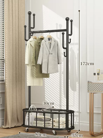 New indoor wheeled storage rack, coat rack and coat rack (black) (size: 80*32*172*30CM)