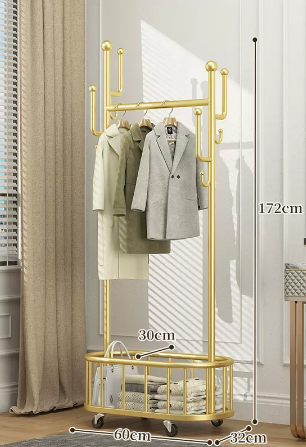 New indoor wheeled storage rack, coat rack and coat rack (light luxury gold) (size: 60*32*172*30CM)