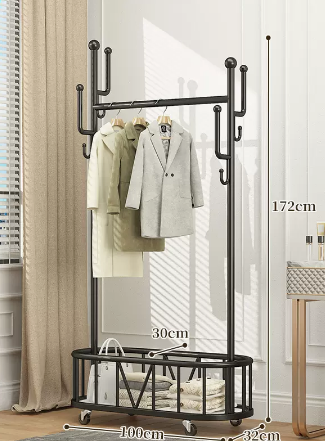 New indoor wheeled storage rack, coat rack and coat rack (black) (size: 100*32*172*30CM)