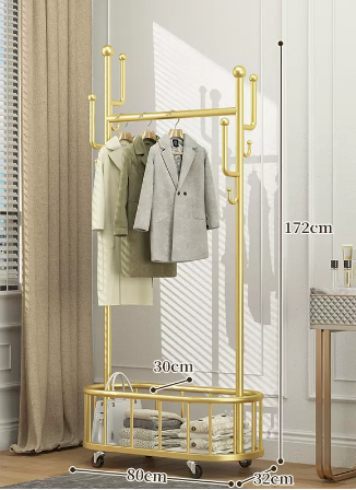 New indoor wheeled storage rack, coat rack and coat rack (light luxury gold) (size: 80*32*172*30CM)