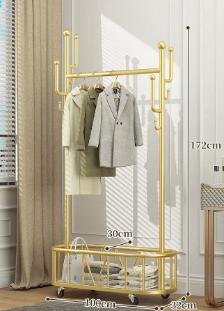 New indoor wheeled storage rack, coat rack and coat rack (light luxury gold) (size: 100*32*172*30CM)