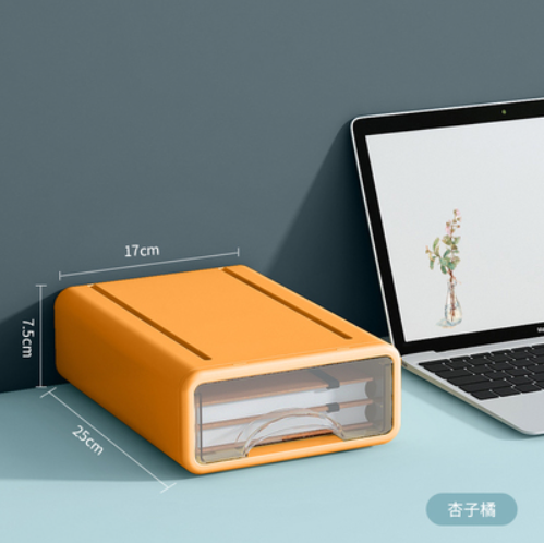 Popular desktop storage box plastic transparent drawer type with lid (apricot orange)