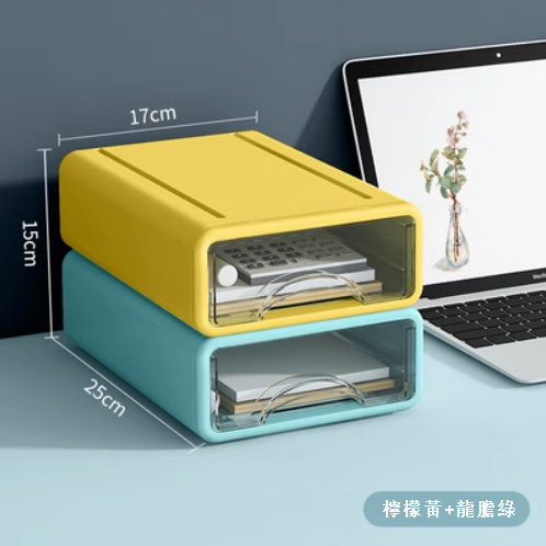 Popular model [pack of 2] desktop storage box plastic transparent drawer type with lid (lemon yellow + gentian green)