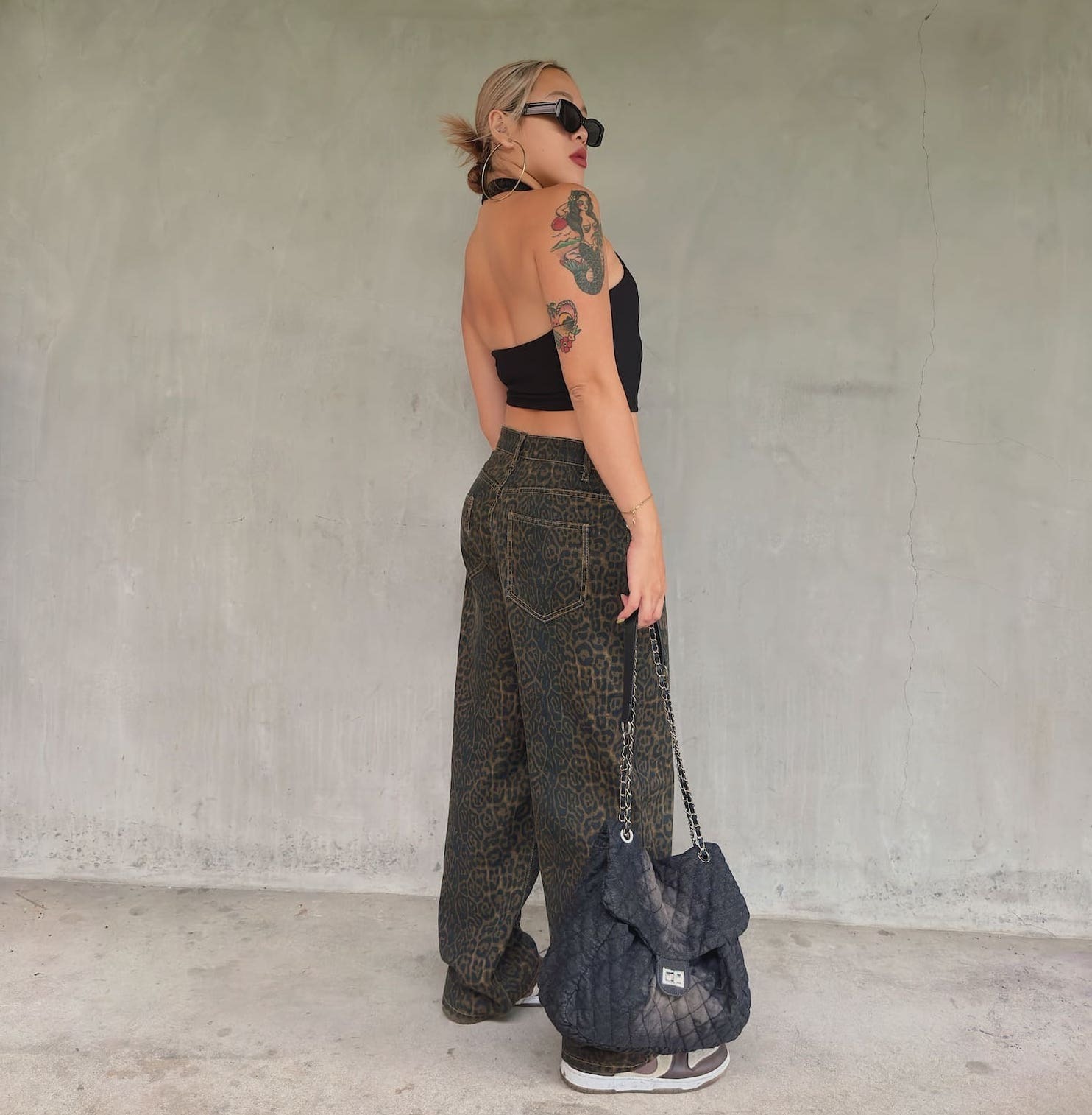 豹紋復古牛仔寬褲