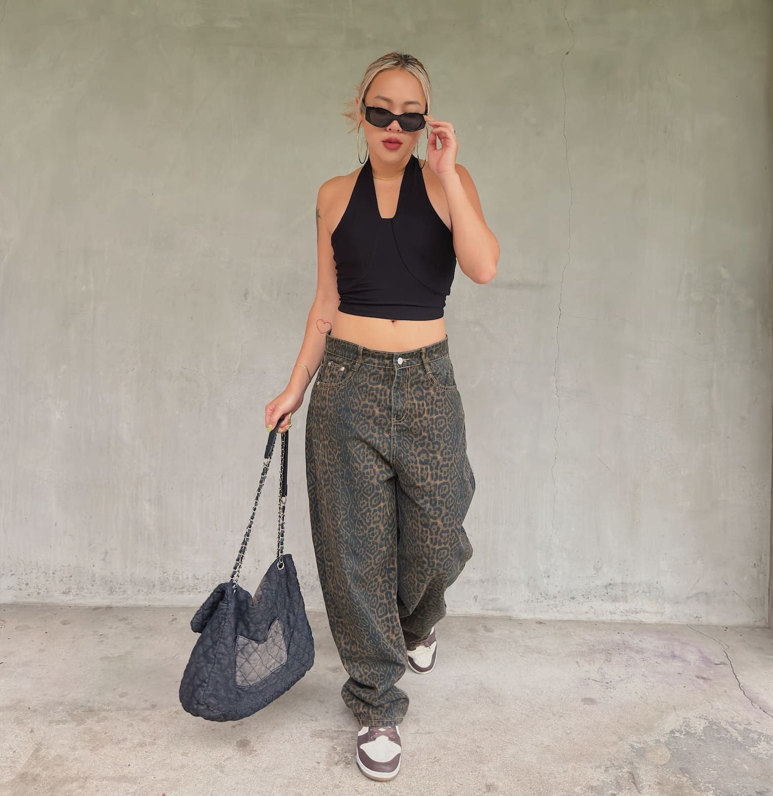 豹紋復古牛仔寬褲