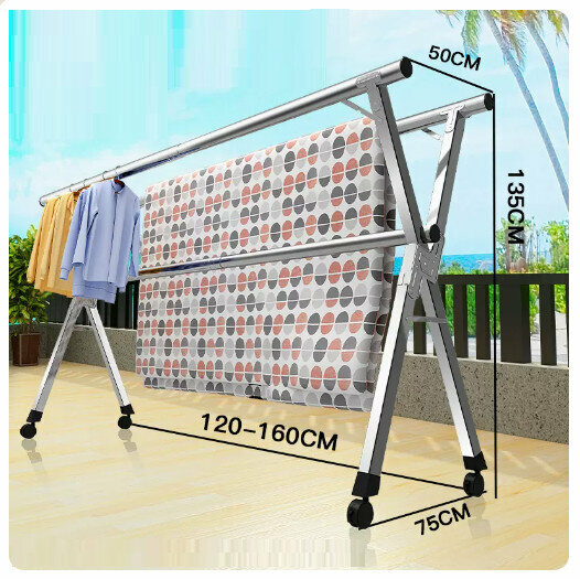 Hot push stainless steel clothes drying rack [all steel thickened and thickened three poles 1.6 meters with wheels + 30 windproof hooks]