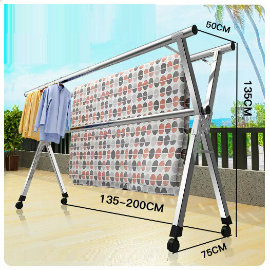 Hot push stainless steel clothes drying rack [all steel thickened and thickened three poles 2.0 meters with wheels + 30 windproof hooks]