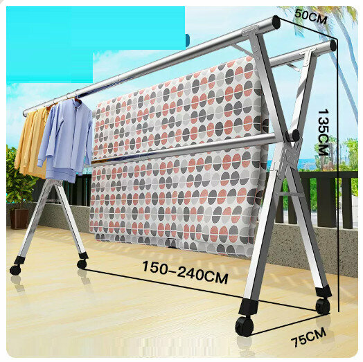 Hot push stainless steel clothes drying rack [all steel thickened and thickened three poles 2.4 meters with wheels + 30 windproof hooks]