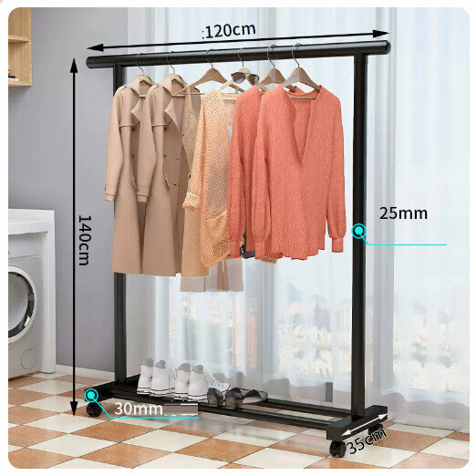 Popular simple storage clothes drying rack [classic black 1.2 meter thick style + wheels (25mm tube thickness)]
