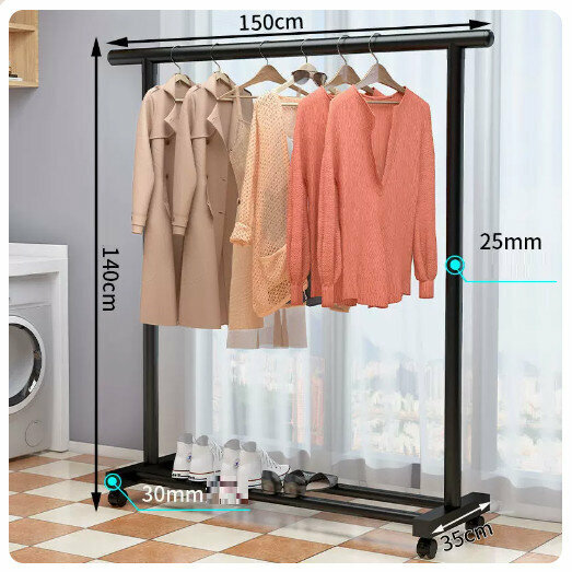 Popular simple storage clothes drying rack [classic black 1.5 meter thick style + wheels (25mm tube thickness)]