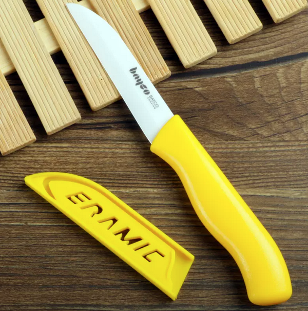 新款陶瓷刀（黃色不可折疊帶刀套全長：19CM）