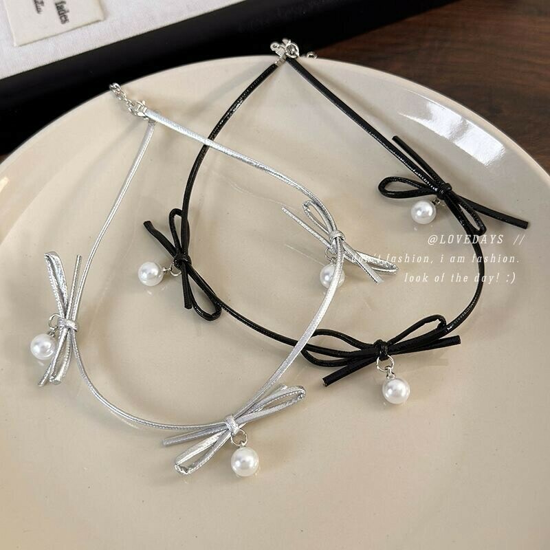 皮繩珍珠蝴蝶結頸鏈