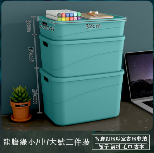New style [3-piece set, large/medium/small] desktop plastic storage box with lid (gentian green)