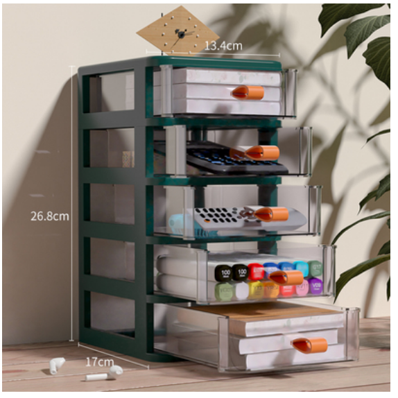 Hot-selling drawer-type desktop storage box (5-layer sapphire green-transparent visible drawer)