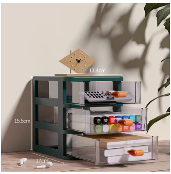 Hot-selling drawer-type desktop storage box (3-layer sapphire green-transparent visible drawer)