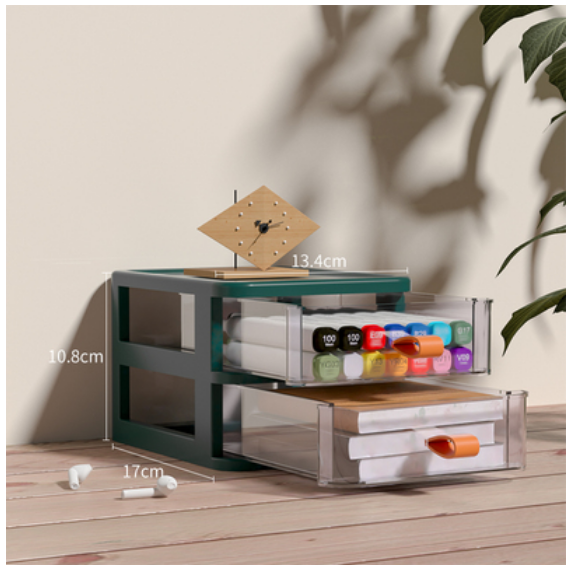Hot-selling drawer-type desktop storage box (2-layer sapphire green-transparent visible drawer)