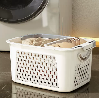 New household hollow dirty clothes storage basket shelf storage rack (pearl white-medium dirty clothes basket + underwear basket) (size: 38*30*20CM)