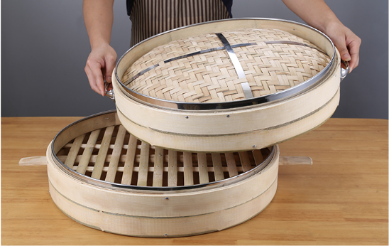熱推竹制蒸籠（兩籠壹蓋）（規格：單籠直徑52CM*單籠高9CM*蓋高9CM）