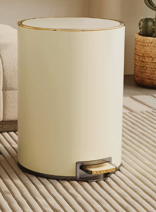 熱推家用不銹鋼腳踩帶蓋垃圾桶(奶油白)(尺寸:13L-34.5*25.2CM)