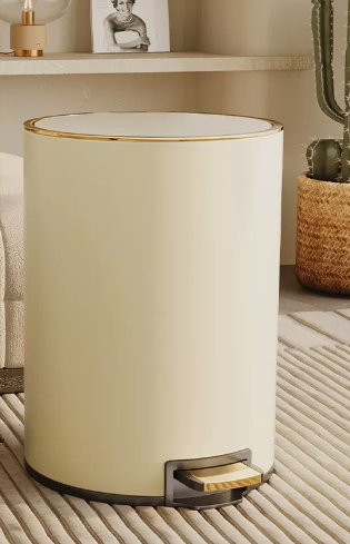 熱推家用不銹鋼腳踩帶蓋垃圾桶(奶油白)(尺寸:18L-37*27.5CM)