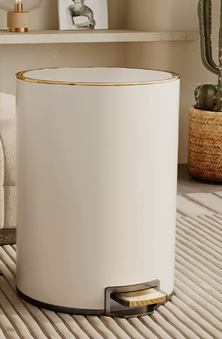 熱推家用不銹鋼腳踩帶蓋垃圾桶(珍珠白)(尺寸:18L-37*27.5CM)