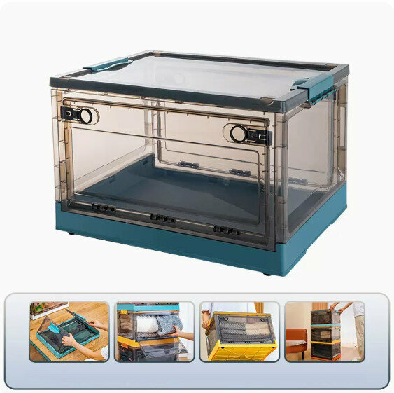 Hot-recommended folding storage box [brown-quiet blue] [49*35.5*24cm] [large size (opening on three sides/foldable/with pulleys)]