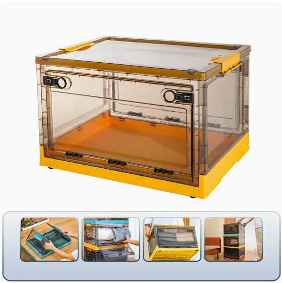 Hot recommended folding storage box [brown-mango yellow] [49*35.5*24cm] [large size (opening on three sides/foldable/with pulleys)]
