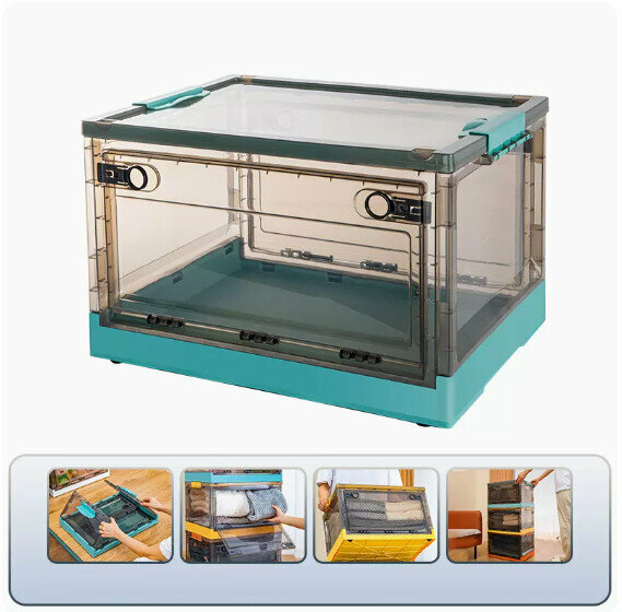 Hot recommended folding storage box [brown-gentian green] [41*29*24cm] [medium size (opening on three sides/foldable/with pulleys)]