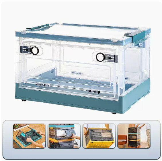 Hot-recommended folding storage box [Transparent-Quiet Blue] [41*29*24cm] [Medium size (opening on three sides/foldable/with pulleys)]