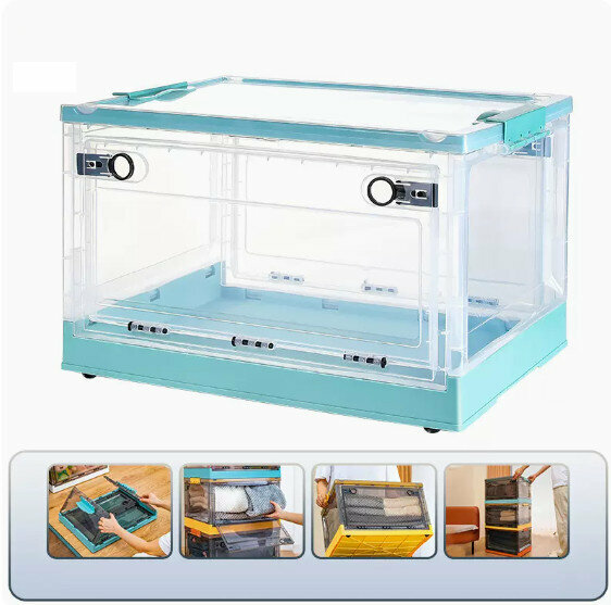 Hot-recommended folding storage box [Transparent-Gentian Green] [41*29*24cm] [Medium size (opening on three sides/foldable/with pulleys)]