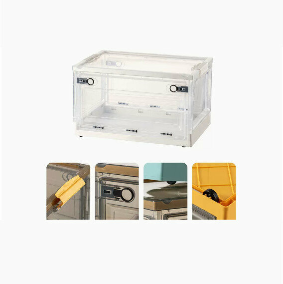 Hot-recommended folding storage box [Transparent-Ivory White] [68*47*37cm] [Extra-large size (bilateral side opening/three-second folding/with pulleys)]