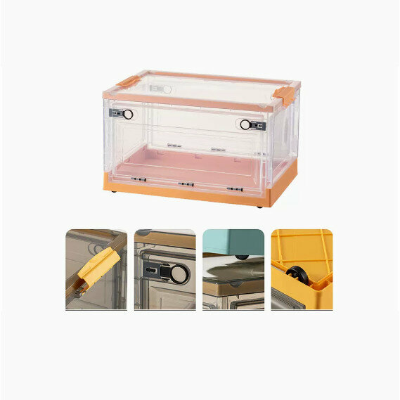 Hot-recommended folding storage box [Transparent-Vibrant Orange] [68*47*37cm] [Extra-large size (bilateral side opening/three-second folding/with pulleys)]