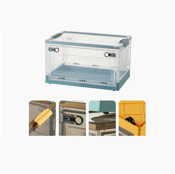 Hot push folding storage box [Transparent - Glacier Blue] [68*47*37cm] [Extra large size (bilateral side opening/three-second folding/with pulleys)]