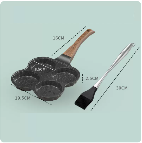 Popular non-stick pan, deepened small frying pan, breakfast egg burger artifact, animal pattern four-hole omelette mold with stainless steel oil brush (common to gas induction cookers)