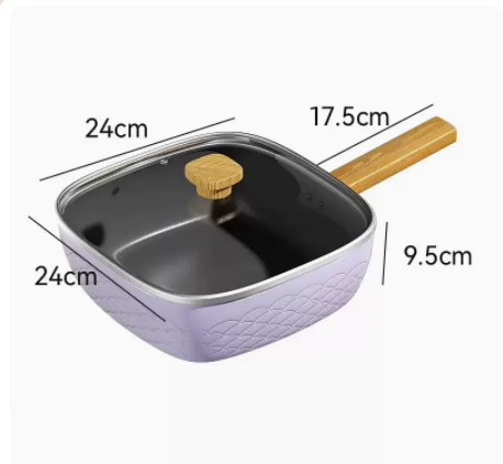 Popular flat-bottomed non-stick pan with square lid, deep induction cooker, gas frying and frying, dual-purpose gas induction cooker (Lilac)